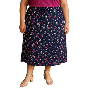 Terra & Sky Navy Floral Midi Skirt W/ Self-Tie Belt Plus Size 3X (24W-26W)